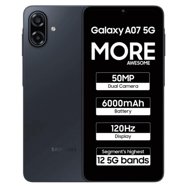 Samsung Galaxy A07 5G (Black, 6GB RAM, 128GB Storage) | 6.7 inch HD+ 120Hz Display | MediaTek Dimensity 6300 | 50MP + 2MP Rear Camera | 6000 mAh Battery
