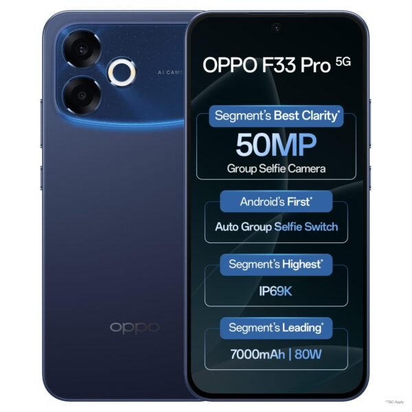 Oppo F33 Pro 5G Smartphone (8GB RAM, 256GB Storage, Starry Blue) |50MP Ultrawide Selfie Camera|7000 mAh Long Battery Life | 80W Fast Charging-with No Cost EMI/Bank Offers