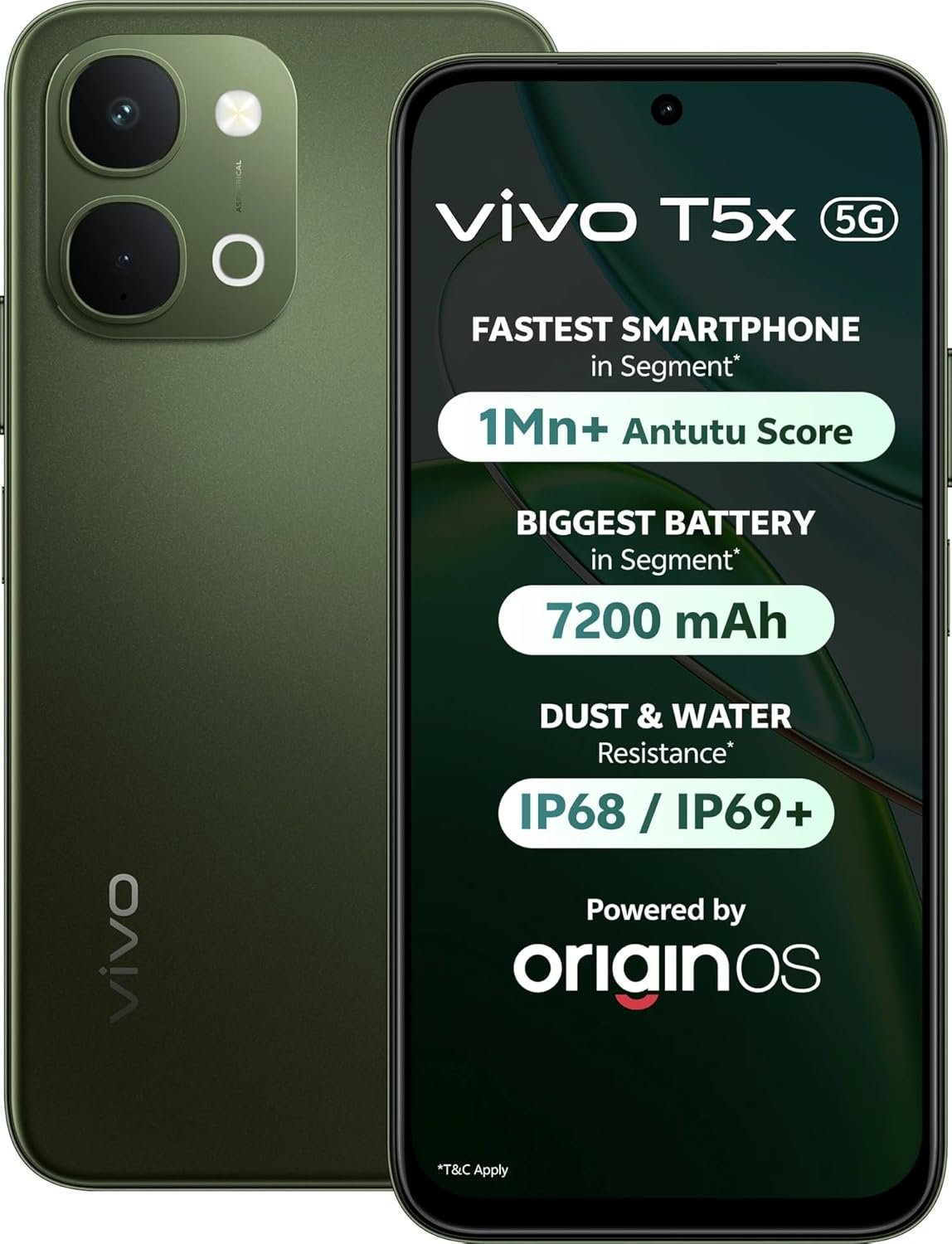 A1 vivo T5x 5G (Cyber Green, 6GB RAM, 128GB Storage) | 50MP AI Dual Camera | 32MP Selfie | 6.76" FHD+ Display | 7200mAh Battery | Dimensity 7400-Turbo Processor | Fast Charging | Dual SIM Smartphone - Image 1