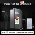 Samsung 653 L, 3 Star, Frost Free, Double Door, Convertible 5-in-1 Digital Inverter, Side By Side AI Enabled Smart Refrigerator with WiFi (RS76CG8003S9HL, Silver, Refined Inox) - Image 2