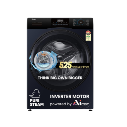 Haier 8 Kg 5 Star Powered by AI-DBT with PuriSteam, 525mm Super Drum Fully Automatic Front Load Washing Machine (EFL80-IM12IBIEBK, Inverter Motor with In-Built Heater, Stainless Steel Drum, Black)