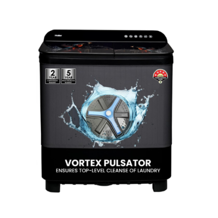 Haier 11 Kg 5 Star Toughened Gas Softfall Technology Semi Automatic Top Loading Washing Machine (HTW110-178FL, Anti Bacterial Vortex Pulsator, Magic Filter, Rat Mesh, Digital Printing Lid, Black)
