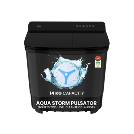 Haier 14 Kg 5 Star Semi Automatic Top Load Washing Machine with Toughened Glass and Soft Fall Technology (HTW140-178BK, Anti Bacterial Vortex Pulsator, Magic Filter, Anti Rat Mesh, Castors, Black)