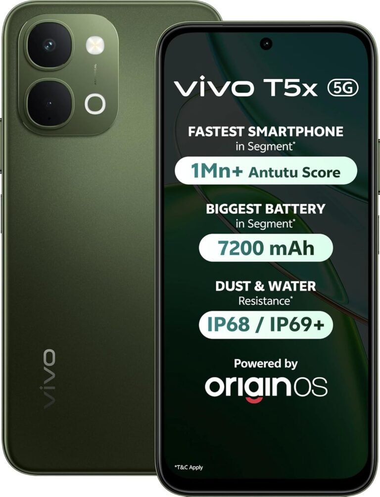 vivo T5x 5G (Cyber Green, 6GB RAM, 128GB Storage) | 50MP AI Dual Camera | 32MP Selfie | 6.76" FHD+ Display | 7200mAh Battery | Dimensity 7400-Turbo Processor | Fast Charging | Dual SIM Smartphone