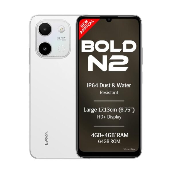 Lava Bold N2 (Siachen White, 4 GB RAM, 64 GB Storage) | 13MP AI Dual Rear Camera | Largest 6.75" HD+ Display | 5000 mAh Battery & 10W Charging | IP64 Water & Dust Proof | Charger & Phone-Case in Box Visit the Lava Store