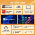 Dell 15, R5-7520U Processor, 8GB LPDDR5 RAM, 512GB SSD, FHD 15.6"/39.62 cm Display, Windows 11 Home, Carbon Black, 1.63kg, Standard Keyboard, 15 Month McAfee, Thin & Light Laptop - Image 6