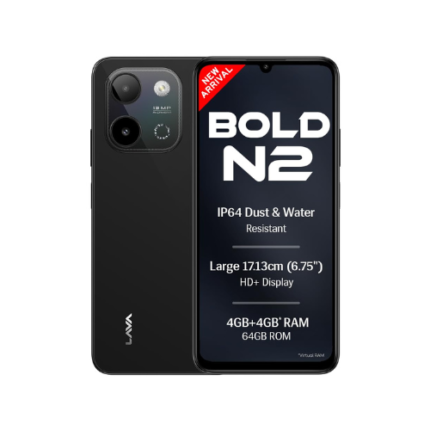 Lava Bold N2 (Indus Black, 4 GB RAM, 64 GB Storage) | 13MP AI Dual Rear Camera | Largest 6.75" HD+ Display | 5000 mAh Battery & 10W Charging | IP64 Water & Dust Proof | Charger & Phone-Case in Box